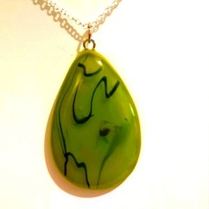 Stained Glass Fused Green Tear Drop Shape Necklace with Black Streamers